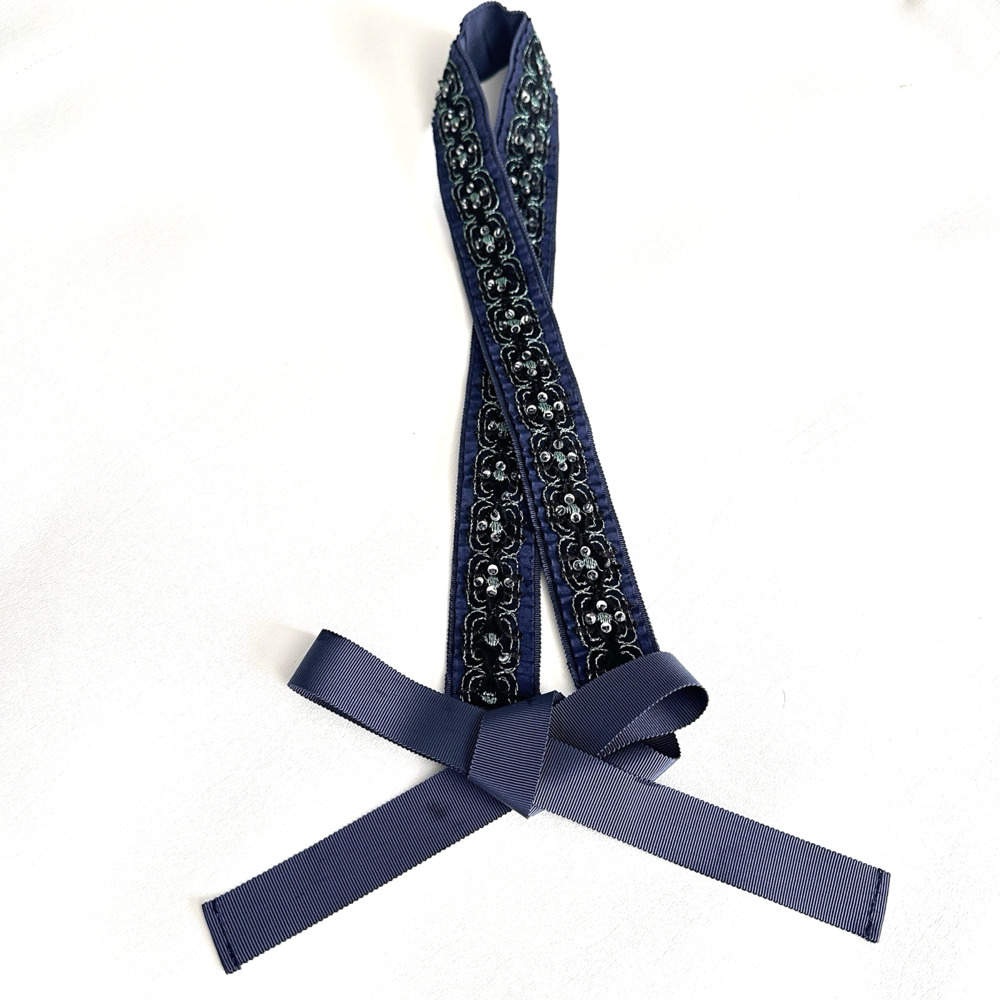 Handmade Sequin Grossgrain Ribbon Belt Navy Blue Green Embroidered Tie 66 in